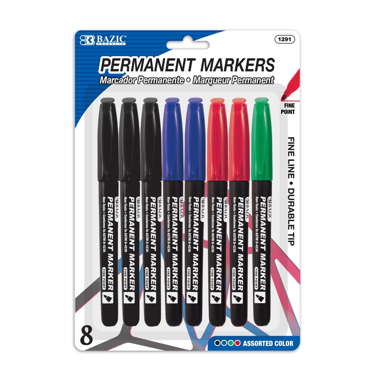 BAZIC Fine Tip Assorted Color Permanent Markers (8/Pack)